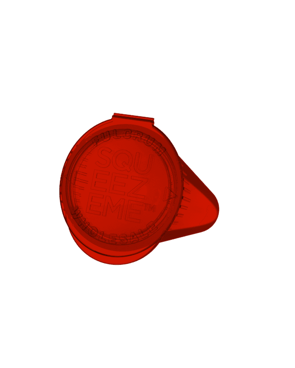 a red plastic cap with text on it